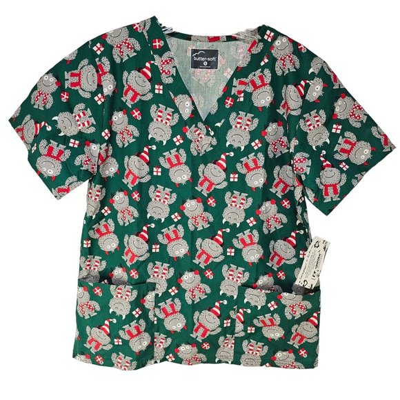 NWT Butter-Soft Woman's Size Small Scrub Top Monsters Holidays Christmas NEW - Picture 1 of 4